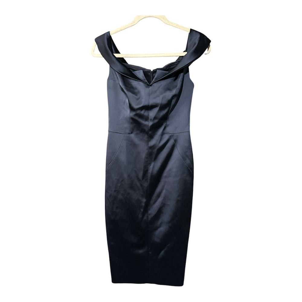 KAREN MILLEN Navy Satin Origami Cold Shoulder Bardot Pencil Dress Size US 6
